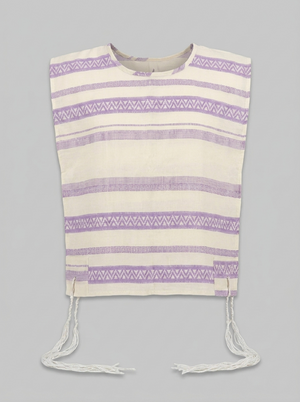 Tallit katan in purple stripes with woven Greek-key border, handmade in Israel, Kameart