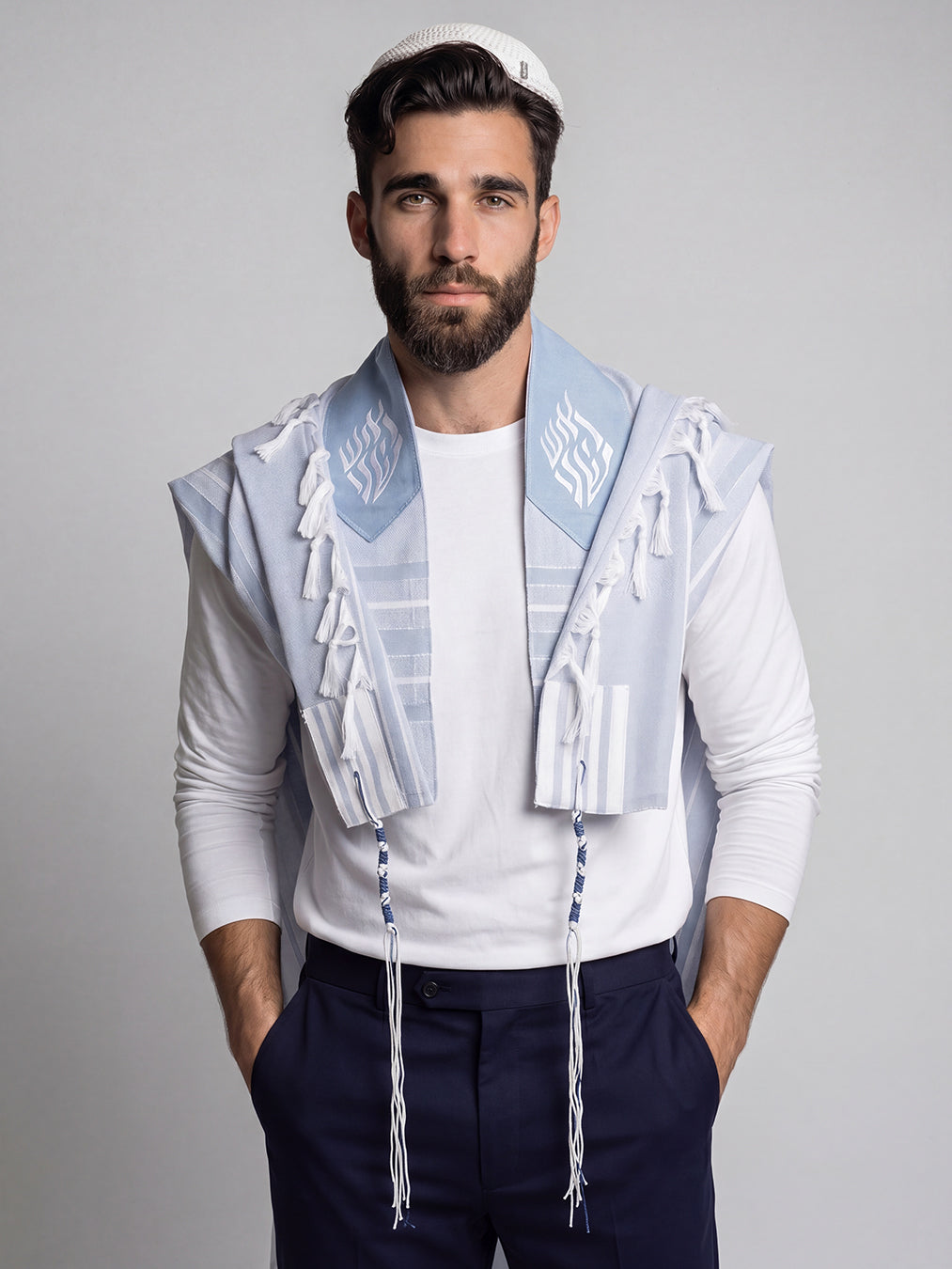 Tallit Nachman Sky Blue | Handmade Wool Prayer Shawl – Kameart